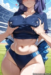 1boy 1girl ai_assisted ai_generated bangs blue_archive blue_sky blush breast_grab breasts cloud collarbone cowboy_shot curvaceous curvy curvy_female curvy_figure day eyebrows_visible_through_hair female grabbing large_breasts long_hair miyuai navel nipples outdoors purple_hair sky solo_focus sweat thick thick_ass thick_butt thick_hips thick_legs thick_thighs trembling voluptuous voluptuous_female wide_hips wide_thighs yuuka_(blue_archive)