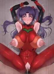2026 areola areolae armpits arms_up asuka_langley_sohryu_(cosplay) blush eyes_rolling_back female female_focus female_only heavy_blush heavy_breathing huge_breasts large_breasts misato_katsuragi missionary_position neon_genesis_evangelion nipple_bulge plugsuit puritika seductive seductive_eyes seductive_look sex steaming_body steamy_breath