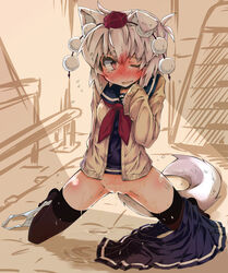 alternate_costume animal_ears black_legwear blush bottomless cardigan clear_urine female full-face_blush full_body hat highres kneeling momiji_inubashiri narumiya neckerchief oerba_yun_fang one_eye_closed panties panties_around_leg peeing pom_pom_(clothes) pussy red_eyes red_hat red_neckwear sailor_collar school_uniform skirt skirt_around_one_leg sleeves_past_wrists solo sweat tail thighhighs tokin_hat touhou underwear wavy_mouth white_hair wolf_ears wolf_tail