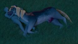 16:9 3d_(artwork) 4k absurd_res after_sex aftercare bestiality blender_(artwork) blonde_hair crotch_breasts digital_media_(artwork) duo equid equine faceless_character faceless_male female feral fur genitals grey_body grey_fur hair hi_res holding_head horse human lying male male/female mammal outside penis sex sleeping spots teats whorse_3d widescreen