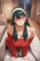 1girl ai_generated bangs bare_shoulders black_hair black_legwear blush breasts cleavage collarbone earrings hairband hi_res high_quality high_resolution hoop_earrings indoors jewelry large_breasts long_hair looking_at_viewer off-shoulder_sweater off_shoulder open_mouth pantyhose patreon red_eyes red_sweater savvyraexo seductive sexy sitting spy_x_family sweater uncensored watermark yor_briar