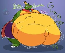 belly_button belly_focus big_belly crocodile crocodilian crown donkey_kong_(series) king king_k._rool kremling male male_focus male_only navel nintendo popped_navel same_size_vore scalie sharp_teeth vore vore_belly wide_hips