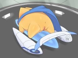 2026 4:3 aircraft airplane anus blue_cape blue_clothing blush cape clothing digital_drawing_(artwork) digital_media_(artwork) female genitals helipad hi_res high-angle_view jet kajinchu kirby_(series) lying monotone_body nintendo on_front shaded soft_shading solo starman_(kirby) three-quarter_view vehicle vulva waddling_head yellow_body