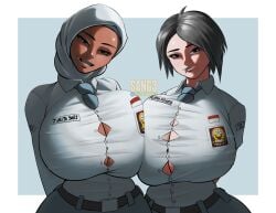 2girls artist_logo asian asian_female big_breasts biting_lip biting_own_lip braces breast_press breast_to_breast breasts button_down_shirt button_gap buttons dark-skinned_female dark_skin female female_only freckled_face freckles hijab hijabi huge_breasts indonesian_school_uniform large_breasts light-skinned_female light_skin looking_at_viewer massive_breasts muslim muslim_female name_tag oerba_yun_fang original original_character original_characters sangsangatsange school_uniform schoolgirl schoolgirl_uniform short_hair tagme tie twitter_link twitter_username
