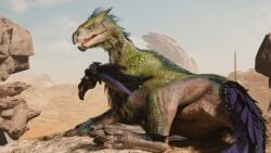 16:9 3d_(artwork) 4k absurd_res anus beak bedroom_eyes bird_wyvern capcom decary digital_media_(artwork) female female_feral feral genitals hi_res looking_at_viewer lying monster_hunter narrowed_eyes on_side outside seductive seikret solo tail vulva widescreen