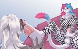 5_toes absurd_res anthro balls blue_hair bodily_fluids breasts canid canine canis chinese_crested_dog clothing domestic_cat domestic_dog duo eyewear feet felid feline felis fishnet_clothing foot_focus foot_lick genitals glasses gynomorph gynomorph/male hair hairless hairless_dog hi_res humanoid_feet humanoid_genitalia humanoid_penis intersex intersex/male ken_jackson kiralis licking lisa_(noctibus) male mammal masturbation multicolored_hair pawpads penis pink_hair plantigrade saliva saliva_on_foot toes tongue toy_dog trans_(lore) trans_woman_(lore) two_tone_hair