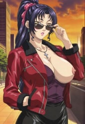 1girls adapted_costume adjusting_eyewear adjusting_sunglasses ai_generated alternate_costume bible_black bible_black_gaiden big_breasts blush breasts city cleavage clothing curvaceous curvy curvy_body curvy_female curvy_figure drill_hair drill_sidelocks earrings facing_viewer female female_only flirting flirting_with_viewer front_view fur_collar fur_trim glasses hair_ornament hair_ribbon hand_in_pocket hourglass_figure hourglass_figured_female huge_breasts jacket jewelry kozono_nami lipstick long_hair makeup midriff navel nipple_slip nipples no_bra no_bra_under_clothes official_alternate_costume one_breast_out outdoors pinup playing_with_hair pose posing posing_for_the_viewer public_exposure public_indecency purple_hair ribbon sagging_breasts seducing seducing_viewer seduction seductive seductive_body seductive_eyes seductive_gaze seductive_look seductive_mouth seductive_pose sexy_pose shirt sideways skimpy skimpy_clothes skirt solo street sunset teen teenage_girl teenager tied_hair very_long_hair voluptuous wide_hips yellow_eyes