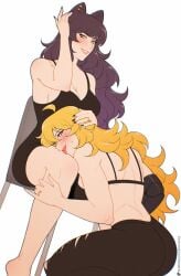 2girls between_legs between_thighs big_ass big_breasts black_hair black_nail_polish black_nails blake_belladonna blonde_hair blush blushing bra canon_couple cat_ears cat_girl catgirl cleavage color colored dress ear_piercing earrings faunus female female/female female_only head_on_thighs kemonomimi kneeling lesbian licking_thigh light-skinned_female light_skin long_hair long_nails married_couple muscles muscular_arms muscular_female painted_nails prosthetic_arm prosthetic_limb purple_eyes rings robotic_arm rwby short_dress thick_thighs very_long_hair wife_and_wife yang_xiao_long yellow_eyes yellow_nicky_(artist) yuri