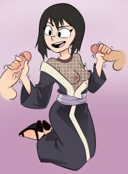 1girl 2boys black_eyes black_footwear black_hair black_kimono breasts disembodied_penis double_handjob fishnet_bodystocking fishnet_top fishnets group_sex handjob hetero high_heels japanese_clothes joshin kimono kneeling mmf_threesome multiple_boys naruto_(series) nipples no_bra off_shoulder open_mouth penis shizune short_hair small_breasts smile solo_focus testicles threesome uncensored