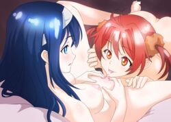 2girls blue_eyes blush breasts clitoris cunnilingus erect_clitoris eye_color_change futaba_aoi_(vividred_operation) ginko_(silver_fox) hairband isshiki_akane long_hair looking_at_another medium_breasts multiple_girls nipples nude open_mouth oral pussy pussy_juice red_eyes red_hair short_hair smile spread_legs spread_pussy tongue twintails uncensored vividred_operation yuri