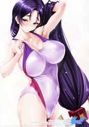 1girls arm_up armpits breasts cle_masahiro cleavage clesta fate/grand_order fate_(series) japanese_text large_breasts long_hair minamoto_no_raikou_(fate/grand_order) solo swimsuit very_long_hair