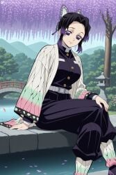 1girl ai_generated belt black_hair black_pants breasts butterfly_hair_ornament closed_mouth demon_slayer demon_slayer_uniform digitalwaifugallery flower gradient_hair hair_ornament hand_on_own_knee haori hi_res high_quality high_resolution jacket japanese_clothes kochou_shinobu long_sleeves looking_at_viewer multicolored_hair outdoors pants parted_bangs patreon petals purple_eyes purple_hair seductive sexy short_hair sitting smile solo tree uncensored water watermark white_belt wisteria