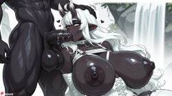 1boy 1girl ai_generated black_skin blush boobs borrowed_character breasts choker collar colored_skin corset dark-skinned_female dark-skinned_male dark_nipples dark_skin elbow_gloves erection explicit fellatio garter_straps gloves grey_skin hand_on_another's_head heart hetero horns huge_ass huge_breasts huge_penis interracial irrumatio juswa large_ass large_breasts large_penis long_hair makeup muscular nipples o-ring oni oral penis pointy_ears saliva solo_focus sweat testicles thicc thick_thighs thighhighs thighs uncensored veins veiny_penis very_dark_skin water waterfall white_hair white_thighhighs