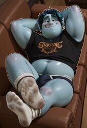 1boy 2026 ai_generated armpit_hair arms_behind_head artist_request barley_lightfoot black_shirt blue_hair blue_underwear briefs bulge chubby couch dirty_socks disney elf gay male male_only onward_(2020) pixar shirt shirt_lift socks solo sweat tongue_out underwear white_socks