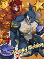 2026 abdominal_scar anthro aquatic arm_markings arm_scar arm_tattoo balloon barazoku beard beverage_can blue_body blue_scales brown_body brown_fur burger cake_slice chest_markings chest_scar chest_tuft claws confetti crossed_arms deltoids dog23333 duo dylan_(alvintanubis) ear_piercing ear_ring eating eating_food elbow_fin english_text equid equine eye_scar facial_hair facial_scar fin fin_scar finger_claws fish food fries frosting frosting_on_face fur gold_tattoo golden_markings hair happy_birthday head_fin hi_res high-angle_view horse inflatable leg_scar male mammal markings multicolored_body multicolored_scales muscular muscular_male navel notched_fin orange_eyes piercing red_hair ring_piercing scales scar shark sharp_teeth shoulder_markings shoulder_tattoo smile star_balloon tail tattoo teeth text thigh_scar toe_claws tuft two_tone_body two_tone_scales white_body white_scales xavier_(alvintanubis)
