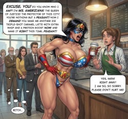 ai_generated american american_female american_flag american_flag_bikini angry angry_expression angry_face barista belt big_breasts bimbo bitch bitchy blue_choker blue_mask cafe choker coffee_shop customer customer_service customers furious gloves gold_belt gold_tiara large_breasts ms._americana muscular muscular_female muscular_legs pissed_off red_gloves scolding starbucks_barista stars strapless_bra stripes superhero_mask superheroine thick_legs tiara yelling yelling_at_another