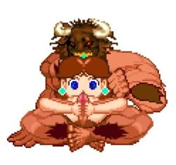 1boy 1girls animated barefoot beast bovine breasts brown_hair feet female foot_fetish footjob foreplay full_body horns human loincloth m.u.g.e.n male mario_(series) marleyproctor minotaur minotaur_(mugen) monster nipples nude penis pixel princess_daisy seated sex sitting soles straight toes transparent_background