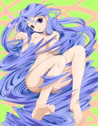 akainan_(go5441) barefoot blue_hair breasts cleavage feet graphite_(medium) hair_censor hair_over_breasts highres large_breasts romancing_saga_3 saga soles toes traditional_media very_long_hair