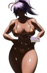 1girl 1girls artist_logo bikini bikini_bottom bikini_top bleach cowboy_shot dark-skinned_female dark_skin female hand_on_hip looking_at_viewer muscular muscular_female purple_hair sangsangatsange shihouin_yoruichi shiny shiny_skin solo solo_female sweat tagme tied_hair tongue_out twitter_link twitter_username yellow_eyes yoruichi_shihouin
