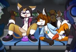 2018 anal bench canine_penis clothing commission cum cum_in_ass dildo dildo_sitting feline fox furry glasses jacket male masturbation mutual_masturbation necklace partially_clothed penis public public_exposure public_masturbation public_nudity shizari subway tagme yaoi