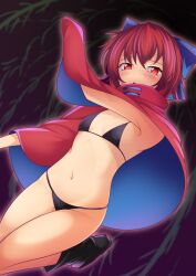 1girl 1girls armpits arms_up belly belly_button bikini black_bikini black_boots black_bra black_panties blush blush_lines blushing blushing_at_viewer boots bow bowtie breasts cape cloak embarrassed exhibitionism flat_chest hair_bow leg_up legs_up looking_at_viewer navel night one_leg_up open_mouth red_eyes red_hair ribbon sekibanki short_hair small_breasts sole_female solo solo_female solo_focus stomach swimsuit swimwear thighs touhou tree