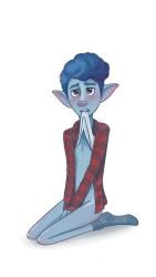 1boy 2020 2d blue_hair blush curly_hair digital_media_(artwork) disney elf flannel_shirt gay ian_lightfoot jen_kristo male male_only nipples no_visible_genitalia onward_(2020) pixar shirt_lift simple_background skinny socks solo white_background