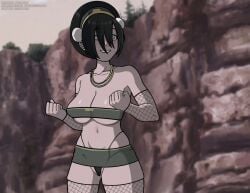 1girl alternate_breast_size alternate_costume alternate_hairstyle artist_name avatar:_the_last_airbender bandeau bare_shoulders belt_bra black_hair black_panties blind blush breasts cleavage clenched_hands cliff clothing collarbone commission cosplay cowboy_shot detached_sleeves female fine_art_parody fishnet_gloves fishnet_thighhighs fishnets gloves gold_hairband hair_between_eyes hair_bun hair_over_eyes hair_over_one_eye hairband highleg highleg_panties jewelry large_breasts long_bangs looking_to_the_side microskirt miniskirt navel necklace outdoors panties parted_lips photo_background prostitution short_hair skirt smile solo standing steca strapless style_parody subtitled thelazyart thighhighs thighs thong toph_bei_fong tube_top underboob underwear w_arms yellow_hairband
