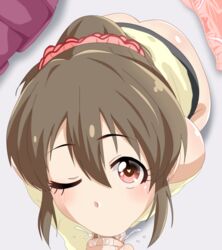 blush brown_hair fellatio female hori_yuuko idolmaster idolmaster_cinderella_girls looking_at_viewer oral penis pink_eyes pov tagme wink