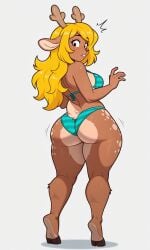 ai_generated animal_nose anthro ass ass_view blonde_hair brown_fur buckteeth closed_mouth deltarune freckles_on_face full_body furry_female gold_hair high_quality hooves long_hair looking_over_shoulder noelle_holiday noelle_holiday_(light_world_form) red_nose reindeer reindeer_antlers reindeer_ears reindeer_tail teal_bikini white_background