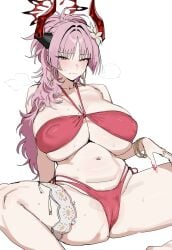 1girls bikini black_horns blue_archive blush bracelet breasts covered_nipples demon_horns earrings flower hair_flower halo halterneck hoop_earrings horns huge_breasts jewelry long_hair looking_at_viewer mole mole_on_breast multi-strapped_bikini_bottom multicolored_horns nail_polish navel official_alternate_costume orange_eyes pink_hair red_bikini red_halo red_horns red_nails ring satsuki_(blue_archive) side-tie_bikini_bottom simple_background sitting solo spread_legs stomach sweat sweatdrop swimsuit thigh_strap thighs two-tone_horns underboob white_background white_flower xipa
