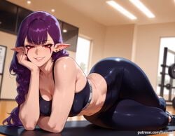 ai_generated balecxi black_sports_bra braid cleavage esil_radiru female gym indoors jewelry large_breasts long_hair looking_at_viewer lying navel pointy_ears purple_hair red_eyes shoes smile solo solo_leveling sports_bra yoga_pants