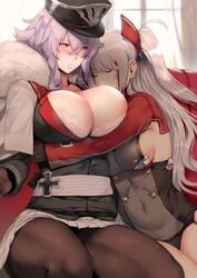 2girls azur_lane bangs black_gloves black_hat black_legwear blurry blush bra bra_peek breasts closed_eyes collared_shirt couch covered_navel curtains depth_of_field eyebrows_visible_through_hair gloves graf_zeppelin_(azur_lane) hair_between_eyes hair_ornament hat hews_hack hug hugging indoors iron_blood_(azur_lane) iron_cross large_breasts light-skinned_female light_skin long_hair long_sleeves medium_breasts military military_uniform multicolored_hair multiple_girls pantyhose parted_lips peaked_cap pleated_skirt prinz_eugen_(azur_lane) purple_eyes red_hair shirt sideboob silver_hair sitting skirt streaked_hair two-tone_hair underwear uniform white_bra white_skirt wholesome window yuri