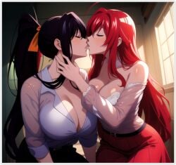 2girls ai_generated akeno_himejima breasts flirting girl_on_girl high_school_dxd kissing lesbian_couple lesbian_domination lesbian_kiss lesbian_sex lovers rias_gremory yuri