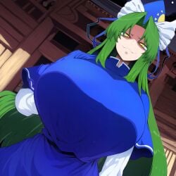 big_breasts big_breasts blue_cap blue_dress blue_vest breasts breasts_bigger_than_head green_hair hat huge_breasts huge_breasts long_hair looking_at_viewer mima mima_(touhou) shrine smakiel small_waist smug smug_expression smug_face touhou touhou_(pc-98) white_sleeves yellow_eyes