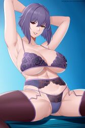 aslindsamure bra breasts female ghost_in_the_shell kusanagi_motoko large_breasts panties purple_hair red_eyes short_hair smile underwear