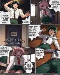 1boy angry ashido_mina bed belt black_sclera blush boku_no_hero_academia breasts character_name cleavage comic english_text female green_eyes green_hair hentai horns large_breasts manga messy_hair midoriya_izuku monster_girl my_hero_academia necktie no_bra one_eye_closed open_mouth panties pants pink_hair pink_skin pleated_skirt school_uniform shirt_lift short_hair skirt speech_bubble stretch sweatdrop teeth thighhighs tongue u.a._school_uniform uncensored underwear velianthart watermark yellow_eyes