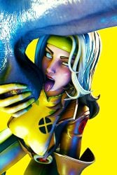 1boy1girl ahe_gao ball_fondling balls ballsack big_breasts big_penis brown_hair eyes_rolling_back fortnite fortnite_(marvel_comics) green_eyes high_resolution highres kneeling licking licking_balls licking_penis lipstick looking_pleasured looking_up marvel open_mouth pleasure_face rogue_(x-men) sweat sweaty_balls tongue tongue_out white_hair x-men