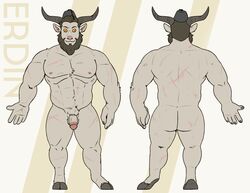 2018 abs beard caprine circumcised circumcision_scar crotch_tuft facial_hair goat goat_eyes hat hooves horn humanoid_face humanoid_penis male mammal model_sheet muscular nude penis scar simple_background solo tied_hair vocalokiba