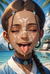 ai_generated avatar_legends avatar_the_last_airbender black_hair closed_eyes cum dark_skin facial female highres jewelry katara necklace nickelodeon nicktoons tongue_out