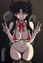 1girls belmont bikini black_hair blush breasts breath fanart fate/grand_order fate_(series) female female_only lingerie peace_sign shy sky_blue_eyes solo thick_thighs thighs tohsaka_rin