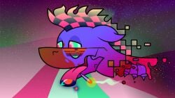 16:9 anthro blue_body checkered_(artist) checkered_(pony) drugs ears_back equid equine eyewear gore head_only horse looking_forward male mammal marijuana pivoted_ears pony psychedelic severed_body_part severed_head smoking smoking_joint solo space stoned substance_intoxication sunglasses surrealism tongue tongue_out widescreen