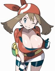 accurate_art_style ai_generated bandana bike_shorts blue_eyes breasts brown_hair cleavage fanny_pack gloves goonedoutp3rv hand_on_thigh huge_breasts jacket ken_sugimori_(style) leaning_forward looking_at_viewer may_(pokemon) may_(pokemon_rs) nipple_slip nipples one_eye_closed pokemon shirt_pull short_hair simple_background skirt smirk white_background