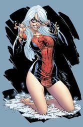 beauty_mark big_breasts biting black_cat_(marvel) blue_eyes collarbone comic comic_cover felicia_hardy j_scott_campbell jewelry marvel marvel_comics masked skin_tight spider-man_(series) spiderman_suit white_hair