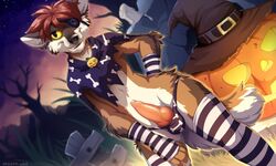 2017 animal_genitalia animal_penis anthro arm_warmers armwear bared_teeth brown_fur brown_hair brown_tail bulge candle canine canine_penis clothed clothing countershading coyote detailed_background digital_media_(artwork) dutch_angle erection eye_patch eyewear fence fluffy fluffy_tail food forest fruit fur grin hair halloween hand_on_thigh hat holidays jack-o'-lantern knot legwear looking_at_viewer male male_only mammal multicolored_fur multicolored_tail night outside panties partially_clothed pattern_clothing penis portrait pumpkin shirt short_hair sky smile solo standing star starry_sky striped_armwear striped_legwear stripes tan_fur tan_tail thick_thighs thigh_highs three-quarter_portrait torn_clothing torn_shirt tree underwear unlit_candle white_candle white_countershading white_fur white_tail witch_hat yellow_eyes zazush-una