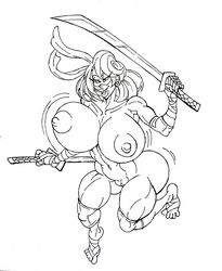 1girls alternate_breast_size alternate_version_available april_o'neil april_o'neil_(tmnt_1987) bandage bare_shoulders barefoot bimbo black_and_white breasts busty cleavage curvy ear_piercing earrings erect_nipple erect_nipples female female_only front_view holding_object hourglass_figure huge_breasts human katana looking_at_viewer monochrome naked nude open_mouth piercing pose posing shaved_pussy short_hair simple_background solo standing sun1sol sword teenage_mutant_ninja_turtles tmnt_1987 voluptuous weapon white_background wide_hips