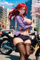 1girls ai_generated anime bangs beautiful beautiful_females bike bike_shorts buildings busty_female casual_clothes cherry_blossom_tree cherry_blossoms city cleavage curvy daytime female_focus glasses jacket_open large_breasts looking_at_viewer motorcycle naruto naruto_shippuden navel nerdy_female red_hair redhead_female sexy smile solo spring stable_diffusion stockings street thighhighs toongenai uzumaki_karin