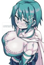 1girls bare_shoulders big_breasts blue_eyes blue_hair blush breasts busty cape cleavage confident female female_only from_above half-closed_eyes highres hokokara japanese_text large_breasts looking_at_viewer mahou_shoujo_madoka_magica miki_sayaka seductive seductive_look seductive_smile sensual sexy short_hair skirt smile solo tomboy toned translated voluptuous