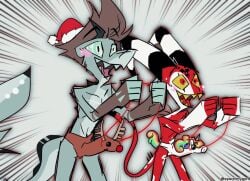 2023 2boys anthro blitzo_(helluva_boss) blush brown_clothing brown_underwear chaz_(helluva_boss) christmas christmas_clothing christmas_headwear clothing demon demon_humanoid duo fish grey_background hat headgear headwear helluva_boss holidays horn horned_humanoid humanoid imp male male_only marine open_mouth open_smile penis_clothing penis_costume red_eyes reindeer reindeer_underwear reins santa_hat shark sharp_teeth simple_background smile sswarimyeon standing teeth tongue underwear underwear_with_face unicorn white_clothing white_underwear yellow_sclera