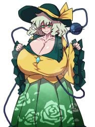 1girls big_breasts blush_lines breasts cleavage clothed_female green_eyes green_hair hat huge_breasts koishi_komeiji light-skinned_female okinanocanvas solo solo_female third_eye touhou white_background