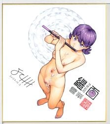 bar_censor bare_shoulders breasts censored character_name colored_pubic_hair completely_nude cum cum_in_pussy cum_on_body cum_on_breasts cum_on_stomach cumdrip dated female female_pubic_hair fingernails flute full_body hamada_yoshikazu highres holding holding_flute holding_instrument instrument kyouka_(tsugumomo) looking_at_viewer medium_breasts nail_polish navel nipples nude official_art open_mouth photo_(medium) pubic_hair purple_eyes purple_hair purple_nails purple_pubic_hair signature solo toenail_polish toenails tsugumomo variant_set